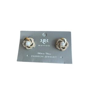 Gold Rhinestone and Pearl Flower Stud Earrings